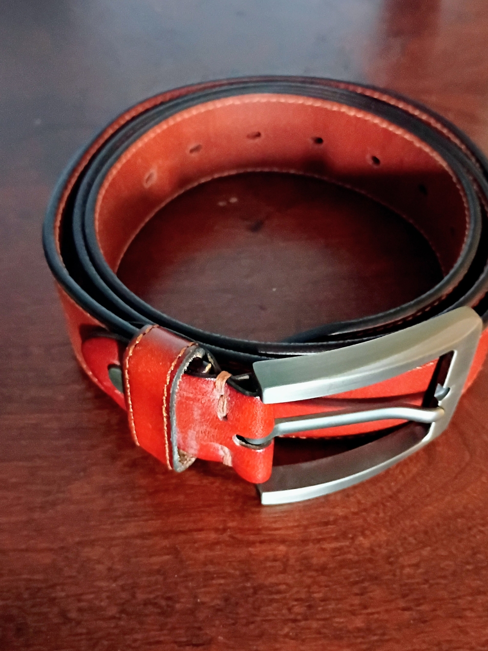 Men's Red Leather Belt with Brushed Silver Buckle